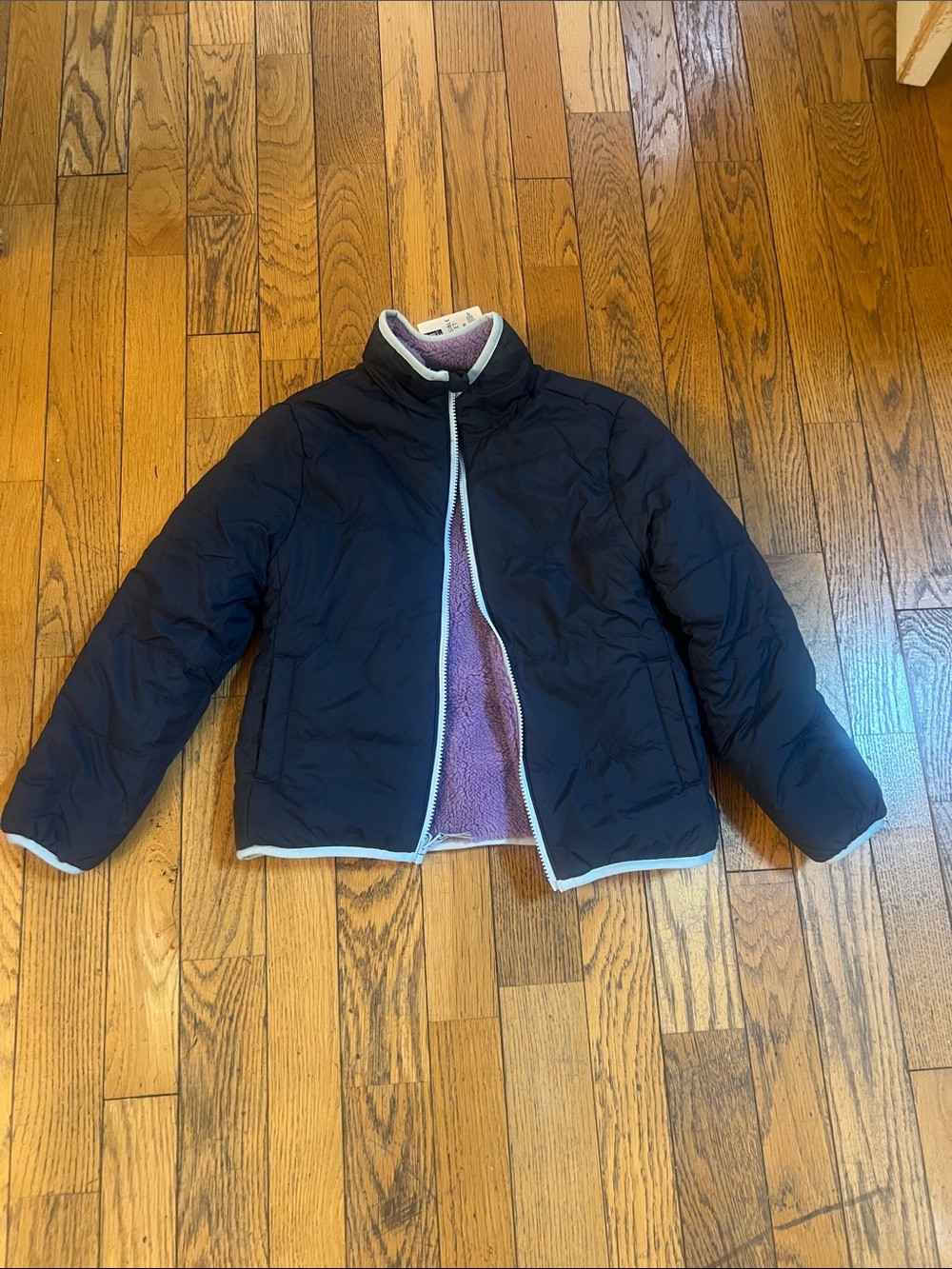 Kids Navy Puffer Jacket with Purple Sherpa Lining